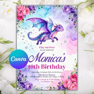 May include: A birthday invitation featuring a watercolor dragon with purple and blue wings, surrounded by pink and purple flowers. The invitation includes the text "Monica's 10th Birthday" and event details.