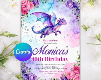 Purple Dragon Invitation, Girl Dragon Birthday Party Invitation, Dragon Invitation, Purple Dragon, Editable Canva