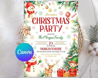 May include: A festive Christmas party invitation with a white background and watercolor illustrations. The invitation features a snowman, elf, reindeer, and Christmas tree. Text includes "Christmas Party" and event details.