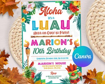 Tropical Birthday Invitation, Hawaiian Pineapple Birthday Invitation, Luau Invitation, Aloha Party Digital Invite, Editable Canva Template
