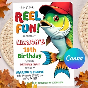 Fishing Birthday Invitation Template, Fishing Birthday Invite, Fish Bday invitation, Reel in the Fun, Boy Birthday, Editable Canva Template