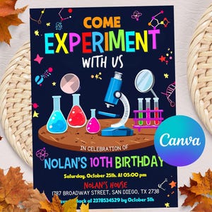 Science Birthday Invitation: Experiment Party, Editable Canva Template