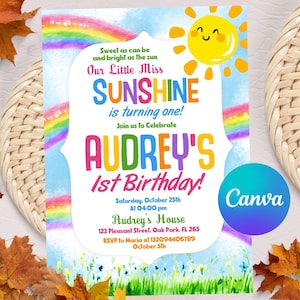 Convite de aniversário Sunshine, convite para 1º aniversário de menina, convite Sunshine, convite para 1º aniversário Sunshine, modelo digital Canva