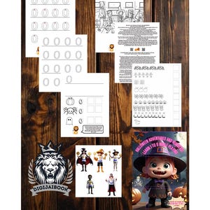 Puede incluir: Un libro de actividades de Halloween para imprimir para niños. El libro incluye páginas para colorear, actividades de trazado y un juego de conteo. La portada presenta un personaje de dibujos animados vestido de bruja.