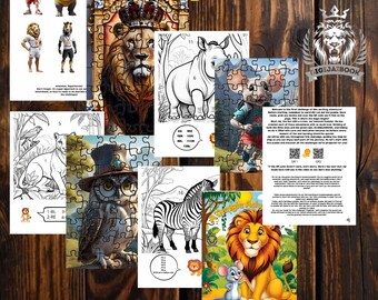 Puede incluir: Un libro de actividades imprimible colorido con un tema de selva. El libro incluye rompecabezas, páginas para colorear y códigos QR para videos. La portada presenta un león, un rinoceronte, un búho y una cebra.