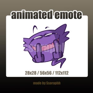 Op de afbeelding: Een paars stripfiguur met een ondeugende uitdrukking, die met beide handen de middelvinger opsteekt. De afbeelding is gelabeld met "animated emote" en bevat afmetingen. De afbeelding staat tegen een witte achtergrond.