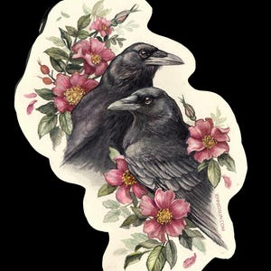 以下が含まれることがあります： ピンクの花と緑の葉に囲まれた2羽の黒いカラスの水彩イラスト。柔らかい色と繊細なディテールが特徴のヴィンテージ感のあるアートワークです。カラスが中心で、暗い羽が明るい背景と対照的です。