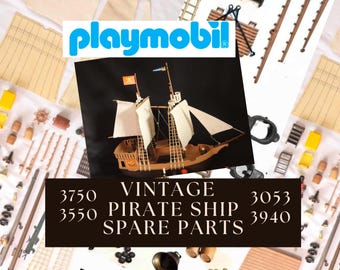 Piezas de repuesto para el barco pirata Playmobil 3550 3750 3053 3940, estilo años 70, cañón, bandera, vela, armas.