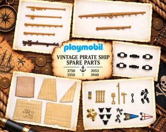 Puede incluir: Una colección de piezas de repuesto para barcos piratas Playmobil vintage en cinco tarjetas. El set incluye mástiles beige, clips de aparejo negros, velas con emblema de león, monedas de oro, herramientas, banderas y accesorios 3750, 3550, 3053, 3940.