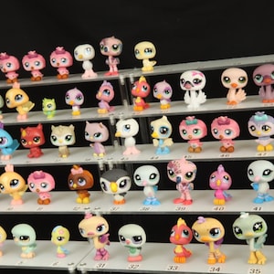 May include: A collection of colorful bird figurines displayed on a tiered shelf. The figurines feature various designs, including different colors, patterns, and accessories. The birds are made of plastic and have large eyes.