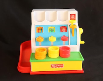Caja registradora Fisher Price, 6 monedas #926, caja registradora antigua de 1994, dinero de juguete vintage para niños, resistente.