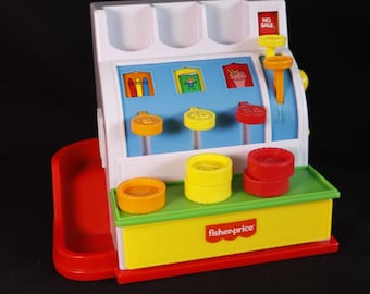 Caja registradora Fisher Price, con 5 monedas, caja registradora n.° 926, juguetería de práctica para niños de época de 1994, duradera.