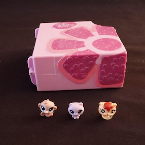 Puede incluir: Un juego de Pet Shop rosa con un diseño de flores y tres pequeñas figuras de animales. El juego tiene forma de cubo con un diseño de flores en la parte superior. Las figuras son un mono, un gato y un tigre.