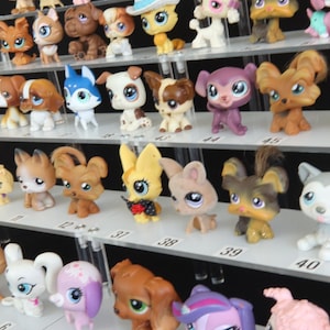 Puede incluir: Una colección de pequeñas figuras de animales de plástico de colores, incluyendo perros, gatos y otras criaturas. Los juguetes están dispuestos en estantes, cada figura con características y diseños únicos. Algunos llevan sombreros o lazos.
