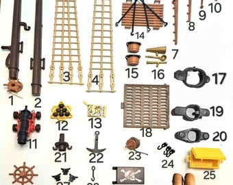Pirate ship playmobil spare replacement parts 3550 3750 3053 3940, 70s vintage, boat cannon, flag, sail, weapons ship pirates replacement