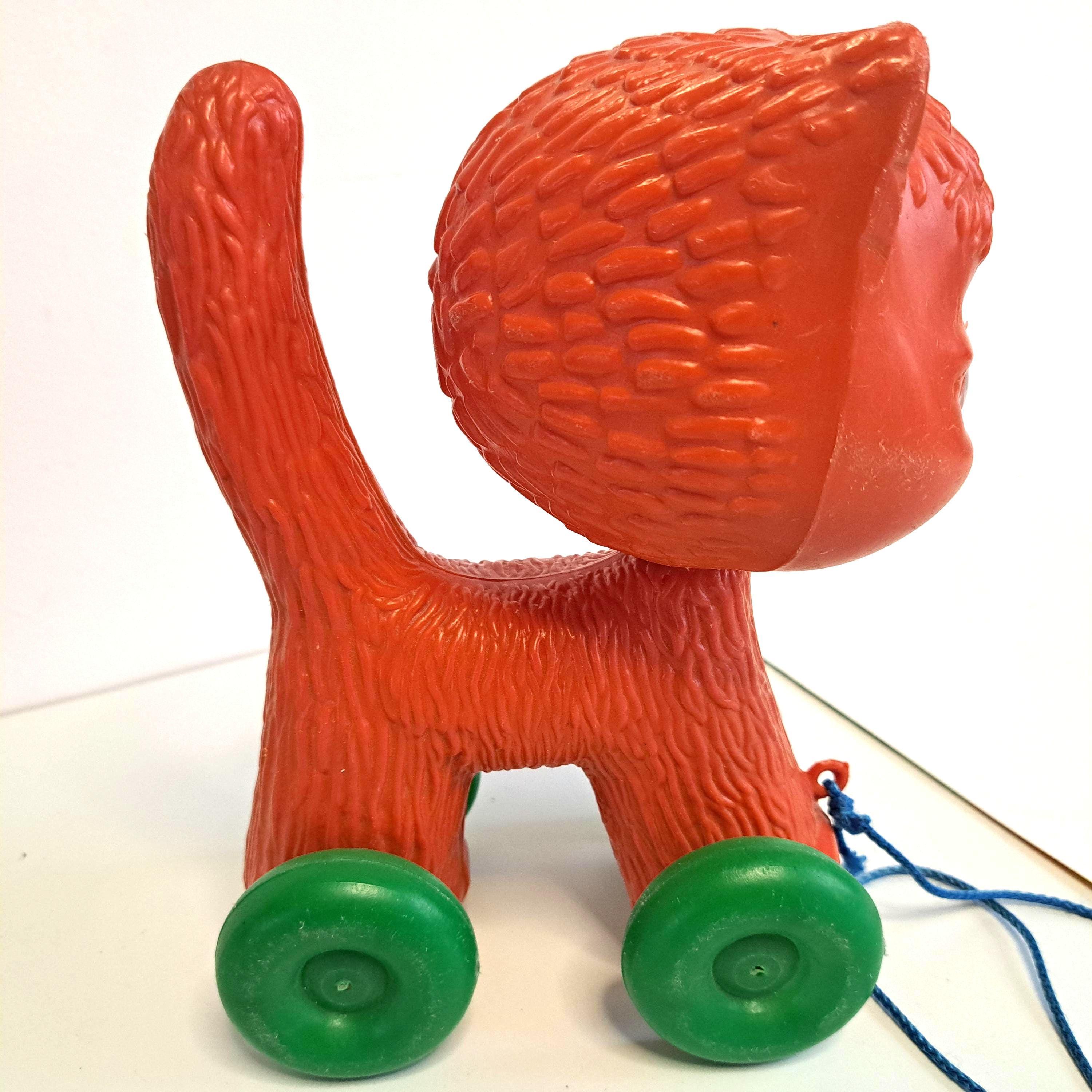 Pull-along Cat Toy. 60s Vintage USSR Rare Pull-along Cat, Red With