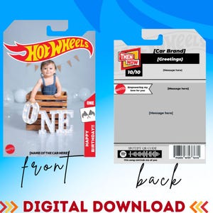 Könnte beinhalten: Digitaler Download der Hot Wheels Geburtstagskarten-Vorlage. Die Vorderseite zeigt ein Kind in einer Holzkiste mit dem Wort "ONE" und "Happy Birthday!!" Die Rückseite enthält editierbare Felder und einen Spotify-Code. Das Design ist vollständig mit Canva editierbar.