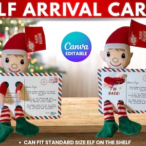 Peut inclure: Un elfe en peluche avec un chapeau rouge et des jambes rayées, tenant une carte postale avec le message "I'm Back!" et "Christmas Season is here!". La carte est conçue pour un Elf on the Shelf de taille standard. Le texte "ELF ARRIVAL CARD" est en haut.