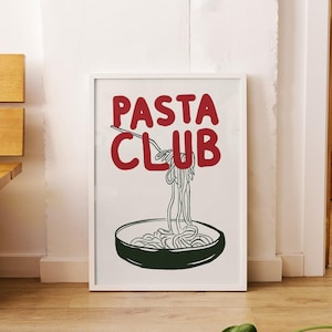 Hand Drawn Pasta Print, Pasta Club Poster, Modern Dinning Room Art, Digital Download, Pasta Lover Gift, Kitchen Wall Art, Retro Food Print