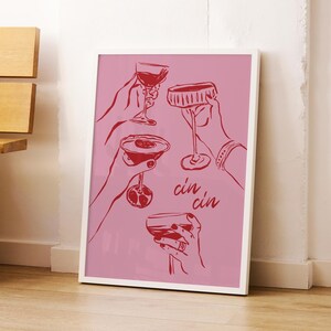 Cin Cin-wijnafdruk, barwagenkunst, retro cocktailposter, handgetekende wijnposter, vintage wijnafdruk, cheers-afdruk, moderne keukenkunst roze