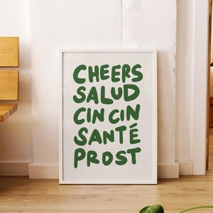 Cin Cin-wijnafdruk, barwagenkunst, retro cocktailposter, handgetekende wijnposter, vintage wijnafdruk, cheers-afdruk, moderne keukenkunst groen