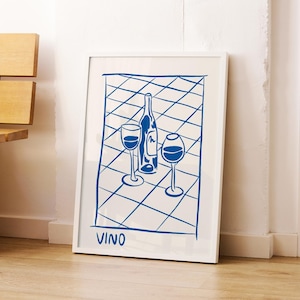 Vino-wijnafdruk, barwagenkunst, retro cocktailposter, handgetekende wijnposter, vintage wijnafdruk, cheers-afdruk, moderne keukenkunst blauw