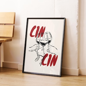 Cin Cin-wijnafdruk, barwagenkunst, retro cocktailposter, handgetekende wijnposter, vintage wijnafdruk, cheers-afdruk, moderne keukenkunst zwart