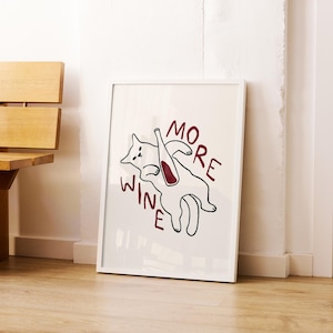 Meer wijnkat print, barwagen kunst, retro cocktailposter, handgetekende wijnposter, vintage wijnprint, cheers print, moderne rode keukenkunst