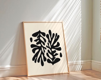 Humeurige botanische kunst, organische grote abstracte print, abstracte bloemen muurdecoratie, moderne beige en zwarte muurkunst uit het midden van de eeuw, koraalivoorkunst
