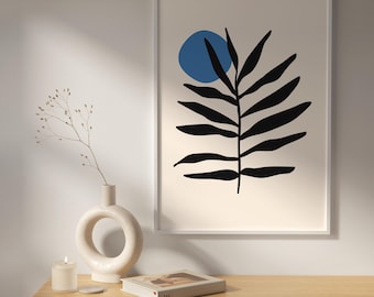 Humeurige botanische kunst, organische grote abstracte print, abstracte bloemen muurdecoratie, moderne beige en zwarte muurkunst uit het midden van de eeuw, koraalblauwe kunst