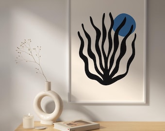 Humeurige botanische kunst, organische grote abstracte print, abstracte bloemen muurdecoratie, moderne beige en zwarte muurkunst uit het midden van de eeuw, koraalblauwe kunst