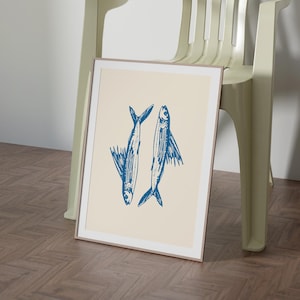 Kitchen Retro Fish Illustration, Printable Wall Art, Trendy Poster Art, Restaurant Art Print, Neutral Home Decor, minimalistic style print