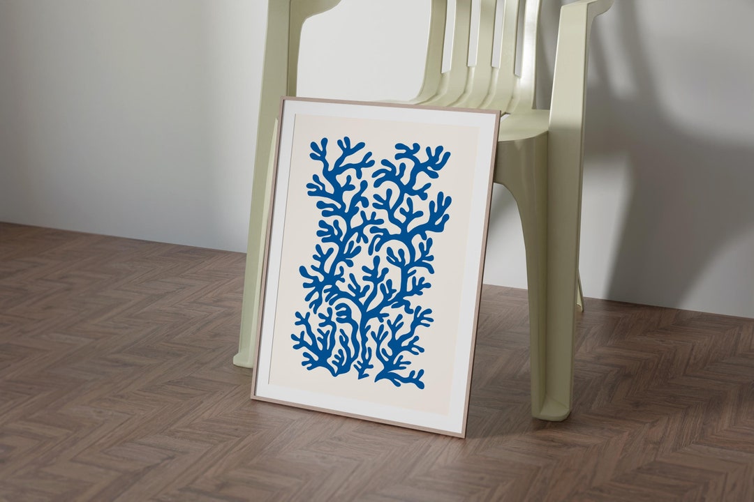 Navy Blue Seaweed Coral Print, Trendy Coastal Printable Wall Art ...