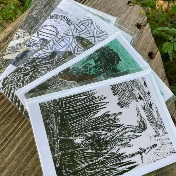 Set of 5 Lino cut bird cards