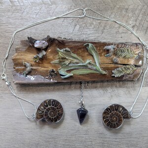 May include: A silver necklace featuring a wooden plaque with embedded natural elements and two ammonite pendants. A dark purple crystal pendulum hangs below the plaque. The plaque has a natural wood grain and is adorned with green and brown accents.