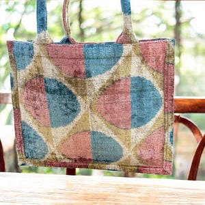 Handmade Silk Embroidered Ikat Velvet Tote Bag: Large Pastel Design image 6