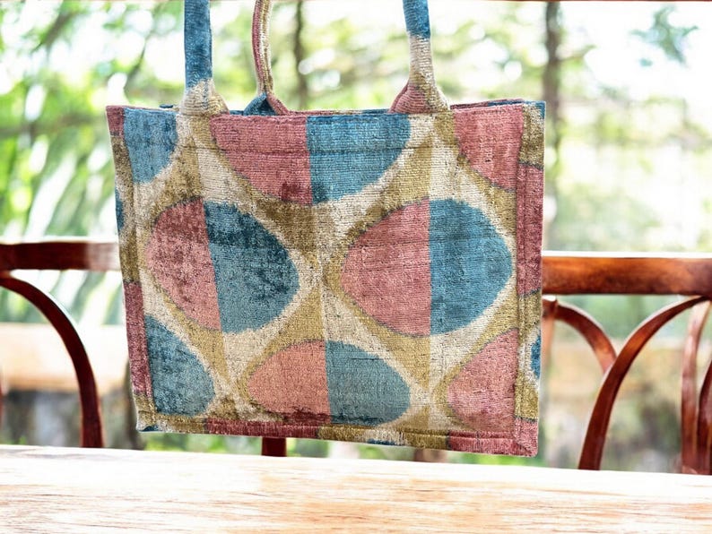 Handmade Silk Embroidered Ikat Velvet Tote Bag: Large Pastel Design image 6