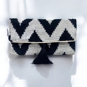 Black Handmade Silk Party Bag with Versatile Chain, Black Velvet Fabric Clutch Purse, Gray Ikat Wedding Clutch, Gray Unique Evening Handbag
