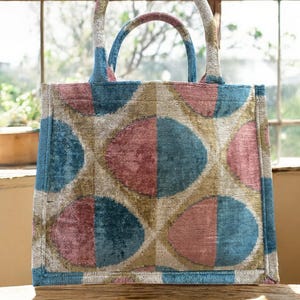 Handmade Silk Embroidered Ikat Velvet Tote Bag: Large Pastel Design image 4