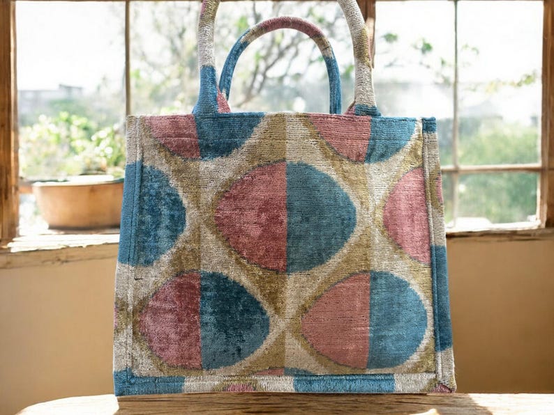 Handmade Silk Embroidered Ikat Velvet Tote Bag: Large Pastel Design image 4