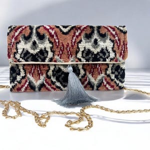 Handmade Ethnic Design Silk Ikat Handbag with Detachable Chains, Silk Velvet Purse, Silk Night Clutch, Ethnic Wedding Bag, Gift for Mother