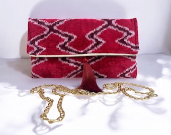 Handmade Velvet Ikat Clutch: Red Silk Evening Bag with Chain