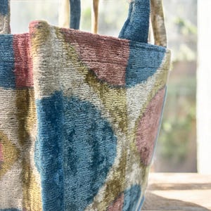 Handmade Silk Embroidered Ikat Velvet Tote Bag: Large Pastel Design image 9