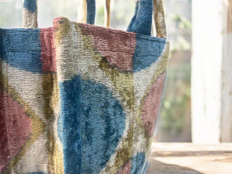 Handmade Silk Embroidered Ikat Velvet Tote Bag: Large Pastel Design image 9
