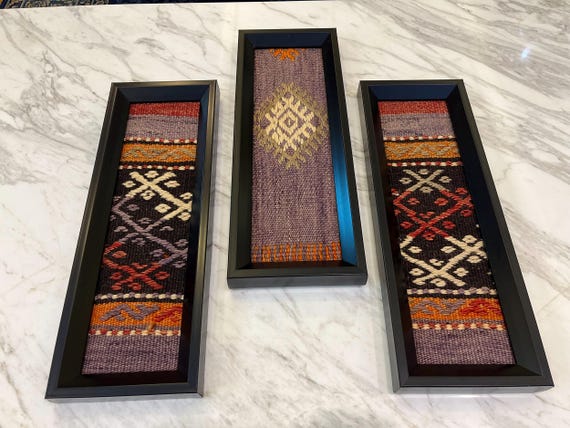 Handmade Framed Turkish Kilim Rug Set: Vintage Wall Art Decor