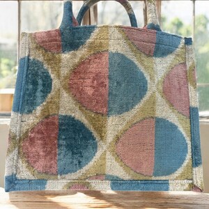 Handmade Silk Embroidered Ikat Velvet Tote Bag: Large Pastel Design image 2