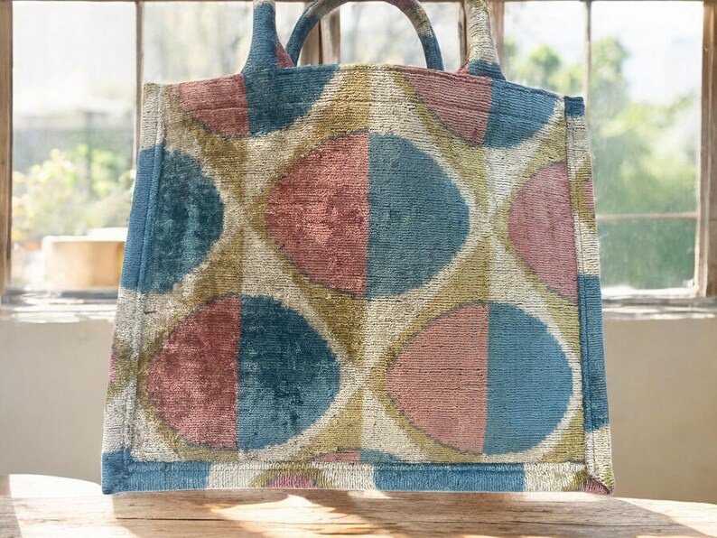 Handmade Silk Embroidered Ikat Velvet Tote Bag: Large Pastel Design image 2
