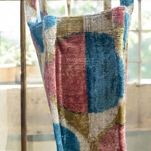 Handmade Silk Embroidered Ikat Velvet Tote Bag: Large Pastel Design image 3