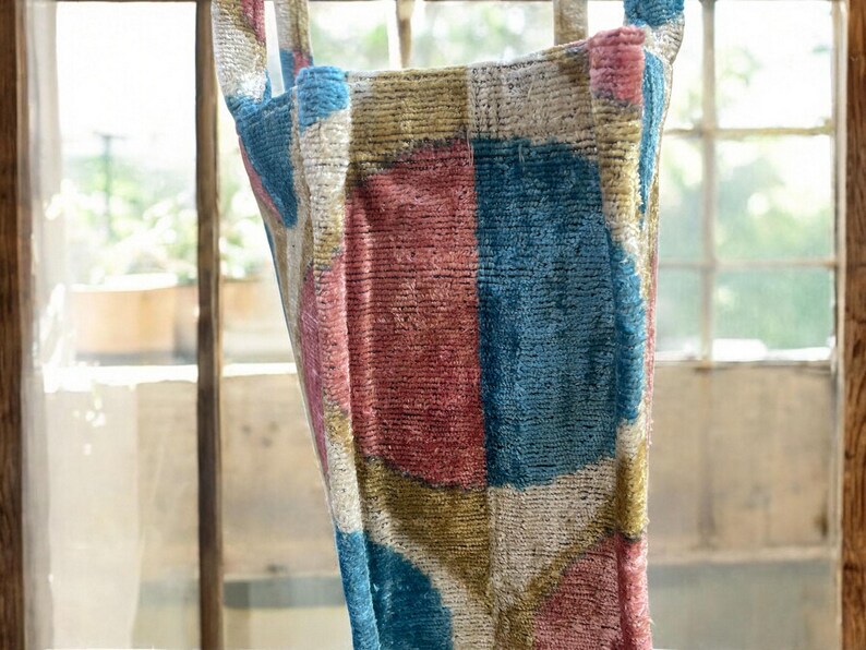 Handmade Silk Embroidered Ikat Velvet Tote Bag: Large Pastel Design image 3