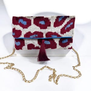 Cartera de seda hecha a mano con cadenas desmontables, minibolso de terciopelo Ikat, monedero de noche de seda multicolor, bolso de mano colorido, regalo de lujo para mujer